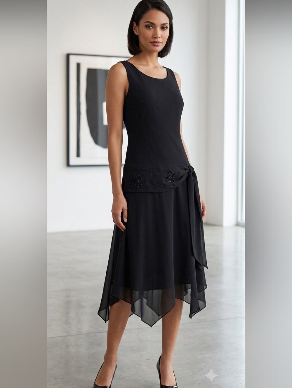 Enfocus Studio Black Sleeveless Asymmetrical Hem Dress with Side Tie